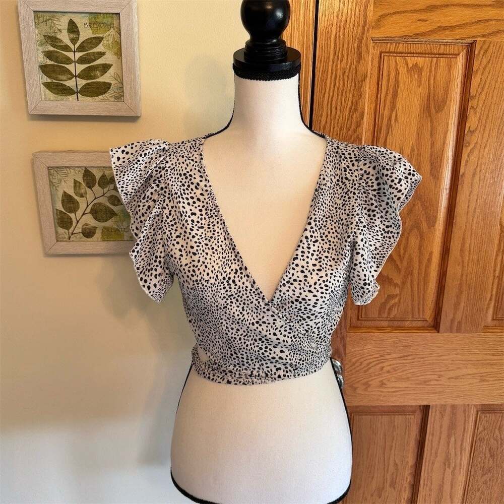 SHEIN Wrap Crop Top Womens Size M Dalmatian Polka Dot Flutter Sleeve Tie